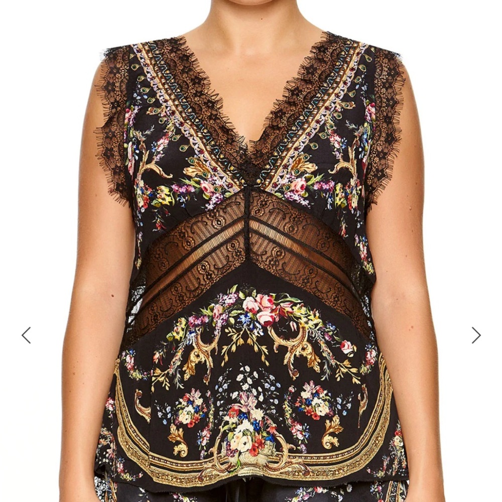 Camilla Friends in Flora wide strap lace inset cami L 100% silk